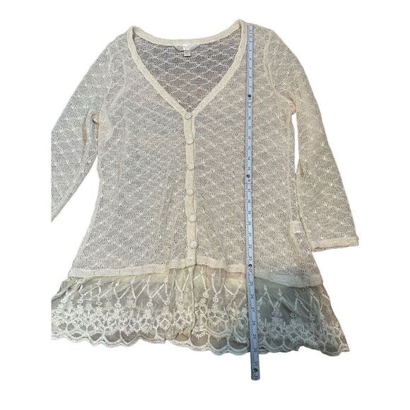 Krazy Kat Ivory Cream Open Knit Long Sleeve Button Front Lace hem Top - Picture 7 of 9